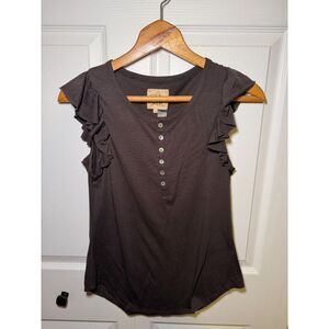 Chasor Women's Ruffle Sleeve Henley Top Brown Size Small